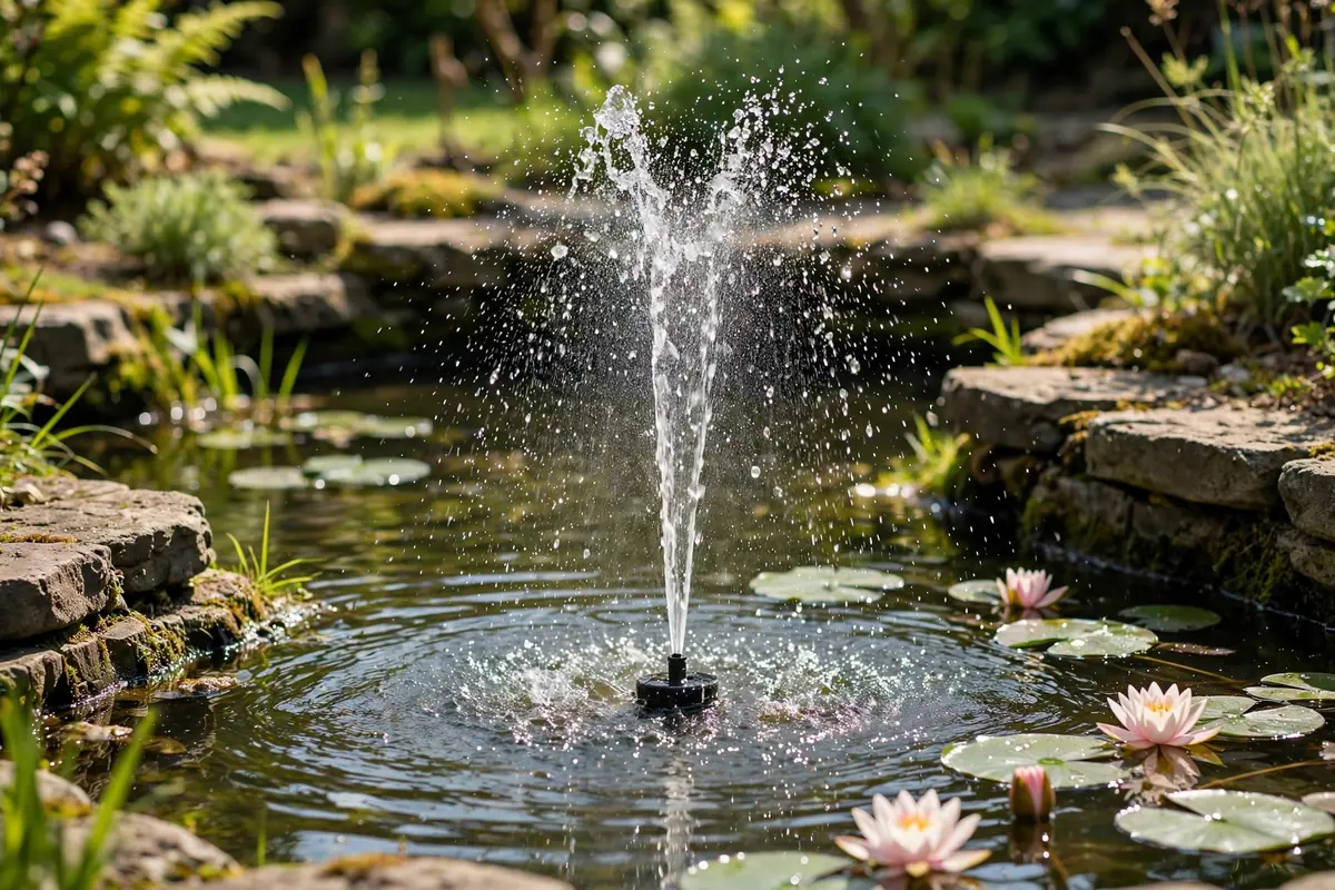 Kleine Teichpumpe mit Fontäne in einem Gartenteich